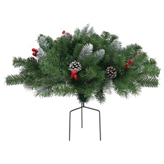 A 15.7-inch pre-lit artificial PVC Christmas pathway tree in green with red berries, pinecones, and a steel ground spike.