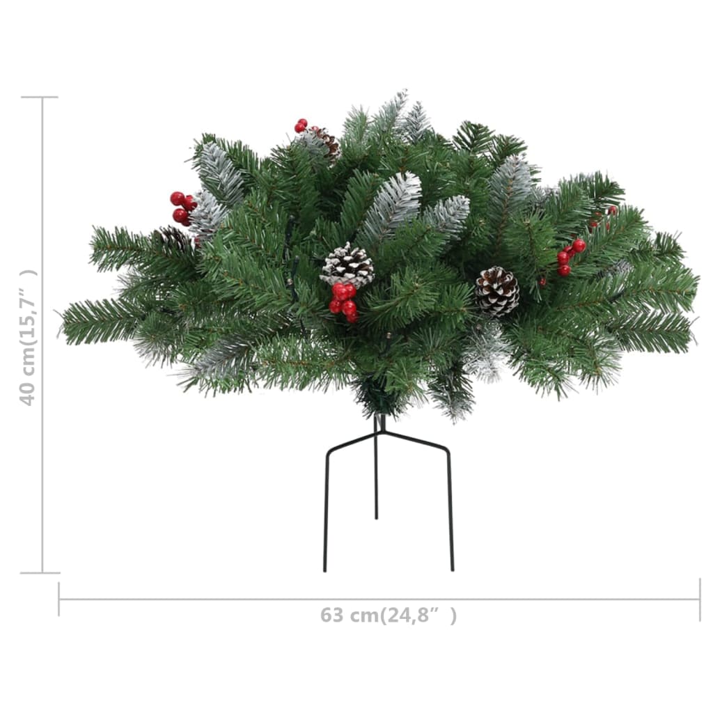 A 15.7-inch pre-lit artificial PVC Christmas pathway tree in green with red berries, pinecones, and a metal stake.