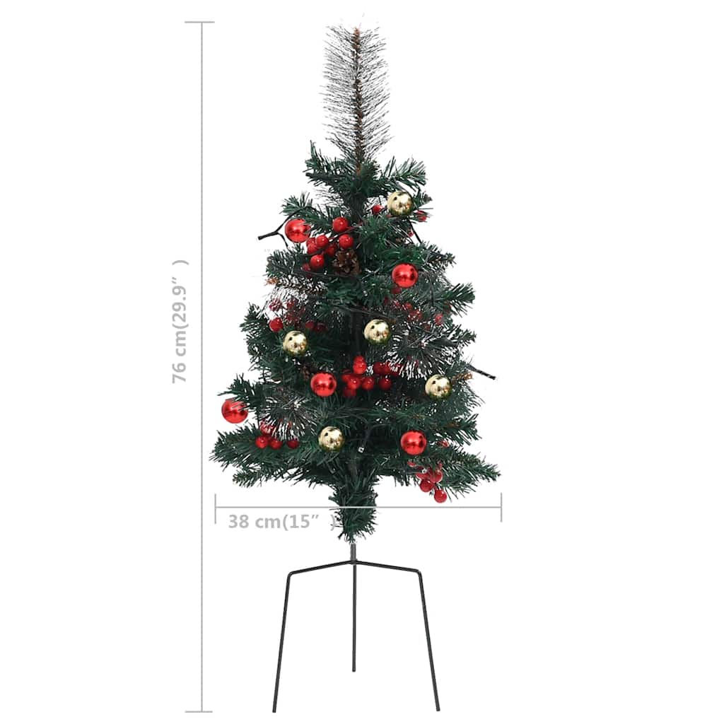 A 29.9-inch pre-lit artificial green PVC Christmas tree with red berries, gold balls, and a metal stand.