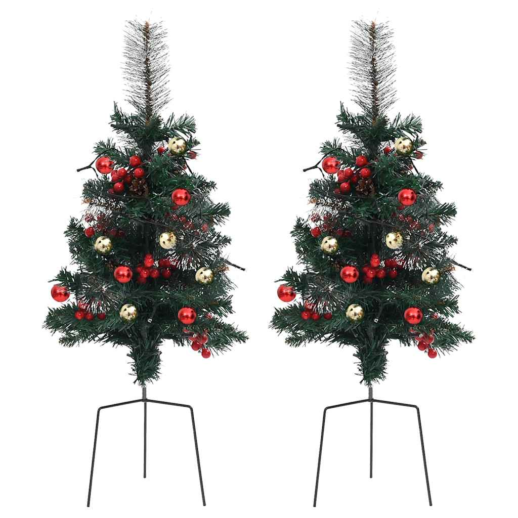 Two 29.9-inch pre-lit green PVC Christmas trees with red berries, gold balls, and metal stands.