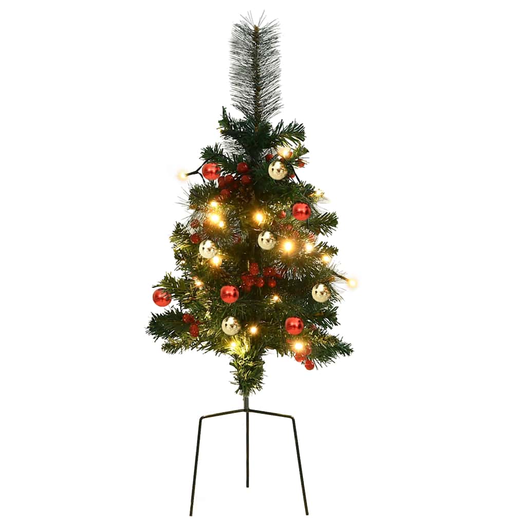 Two 29.9-inch pre-lit green artificial PVC Christmas trees with red berries, gold balls, and warm LED lights on steel stands.