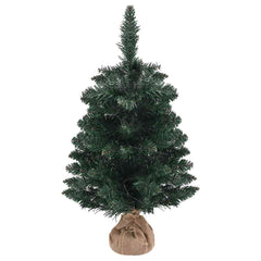A 2 ft pre-lit artificial Christmas tree with green PVC branches and burlap base.