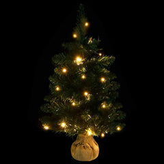 A 2 ft green PVC artificial Christmas tree pre-lit with warm LED lights on a burlap base.