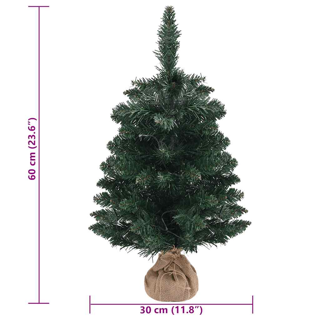 A 2 ft pre-lit artificial green PVC Christmas tree with measurements shown.