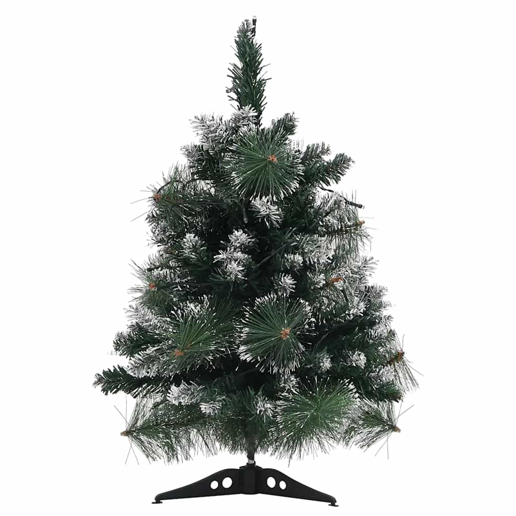 A 2 ft pre-lit artificial Christmas tree with green PVC branches and snow flocking.
