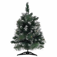 A 2 ft pre-lit artificial Christmas tree with green PVC branches and snow flocking.