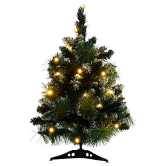 A 2 ft green PVC snow-flocked artificial Christmas tree pre-lit with warm LED lights on a black stand.