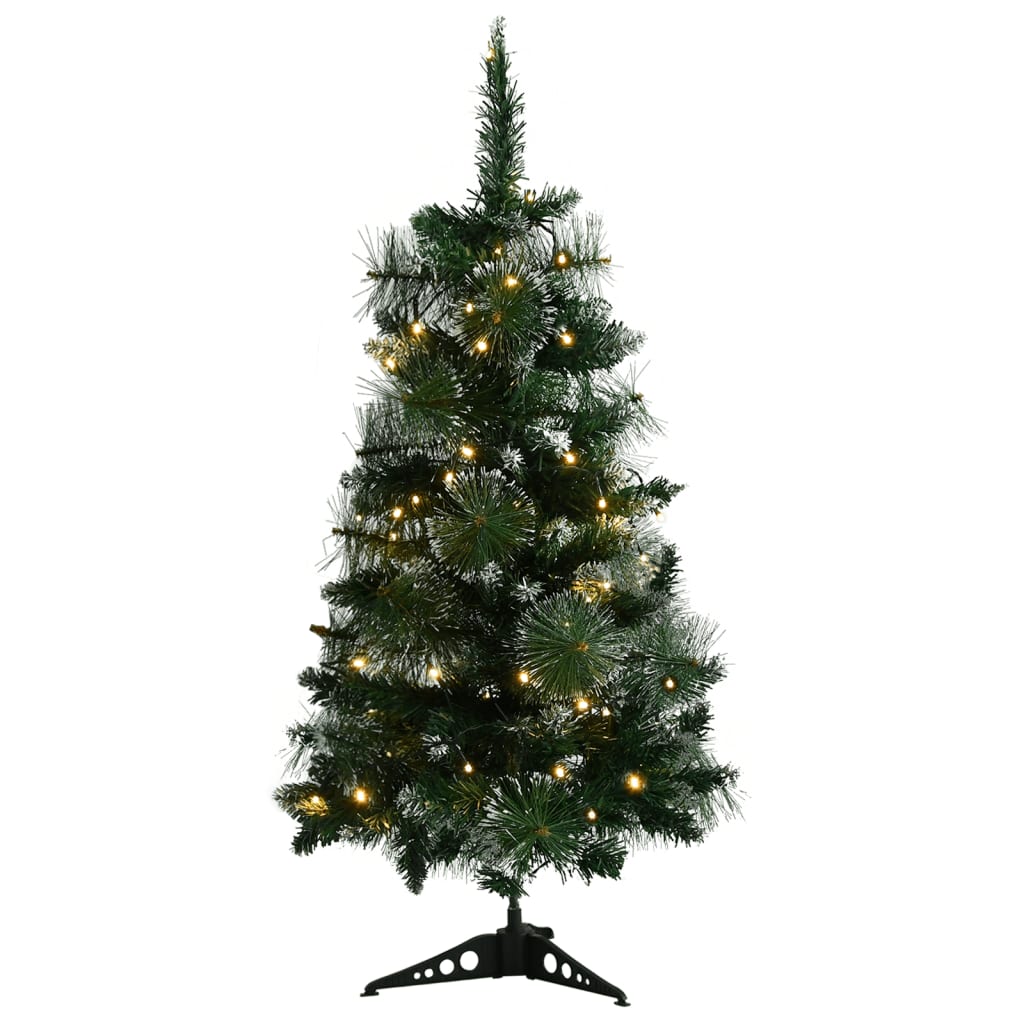 A 3 ft pre-lit artificial Christmas tree with green PVC needles and snow.