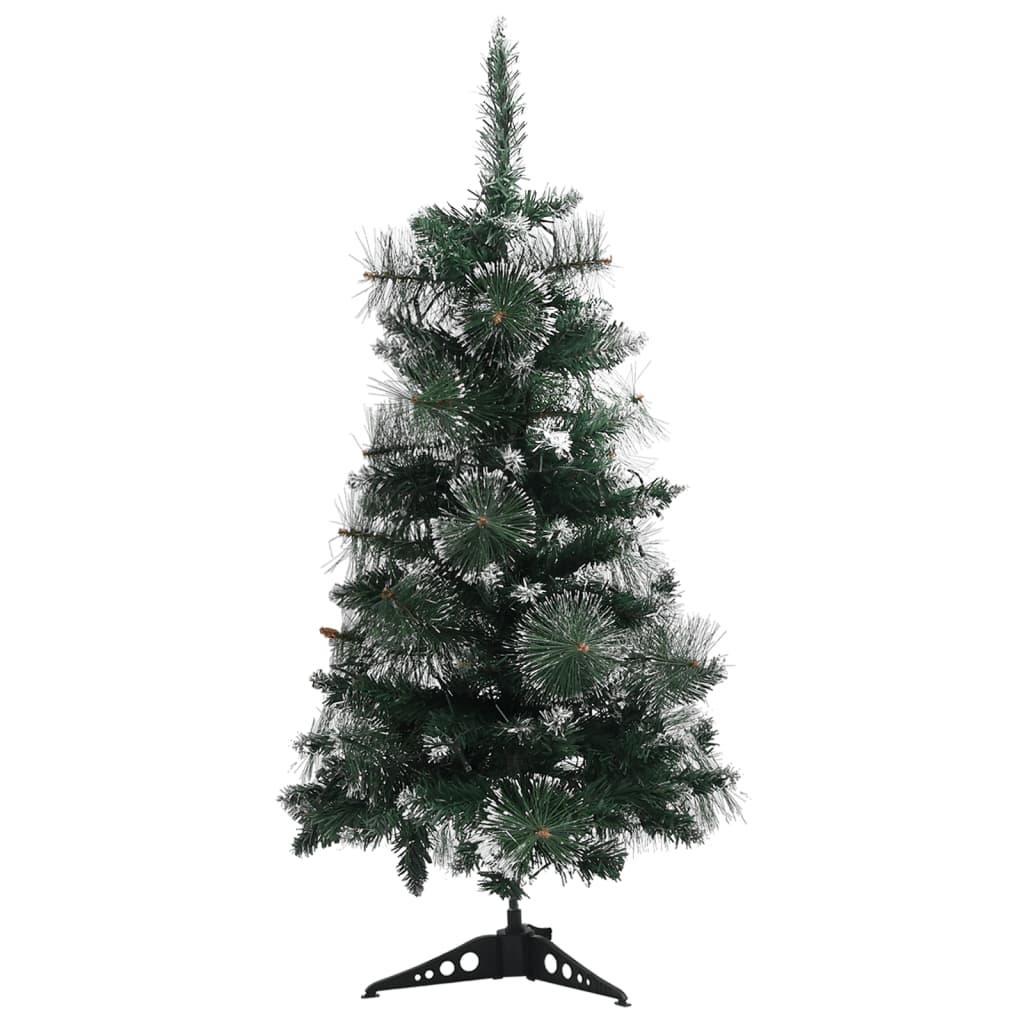 3 ft pre-lit artificial Christmas tree in green PVC with snow and LED lights on a stand.