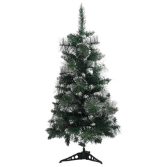 3 ft pre-lit artificial Christmas tree in green PVC with snow and LED lights on a stand.