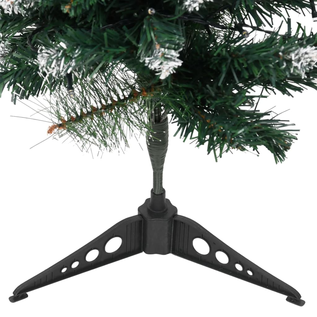 3 ft pre-lit artificial Christmas tree with green PVC branches, flocked snow, and black stand.