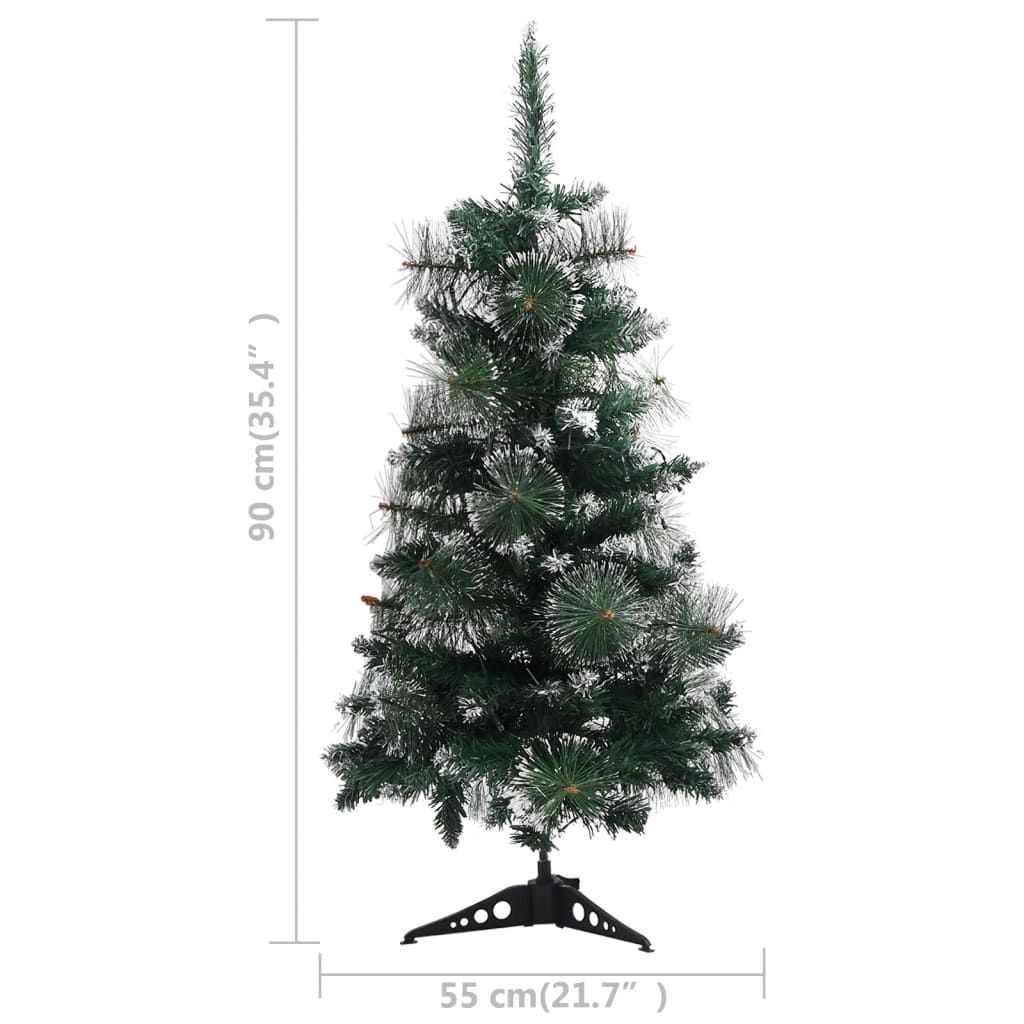 3 ft pre-lit artificial Christmas tree in green PVC with snow and size diagram.