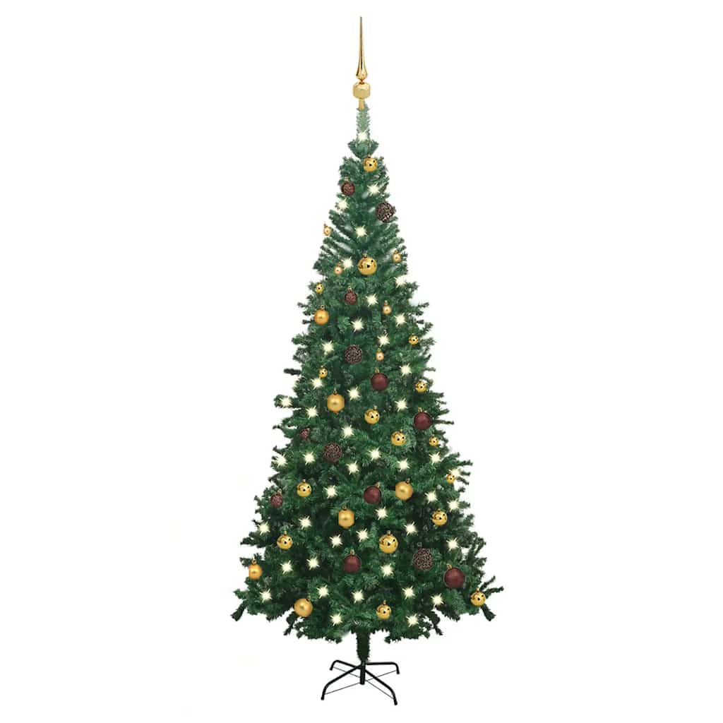 94.5-inch pre-lit artificial green Christmas tree with ball ornaments and LED lights.