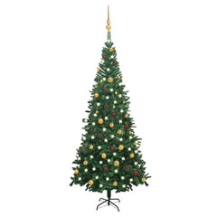 94.5-inch pre-lit artificial green Christmas tree with ball ornaments and LED lights.