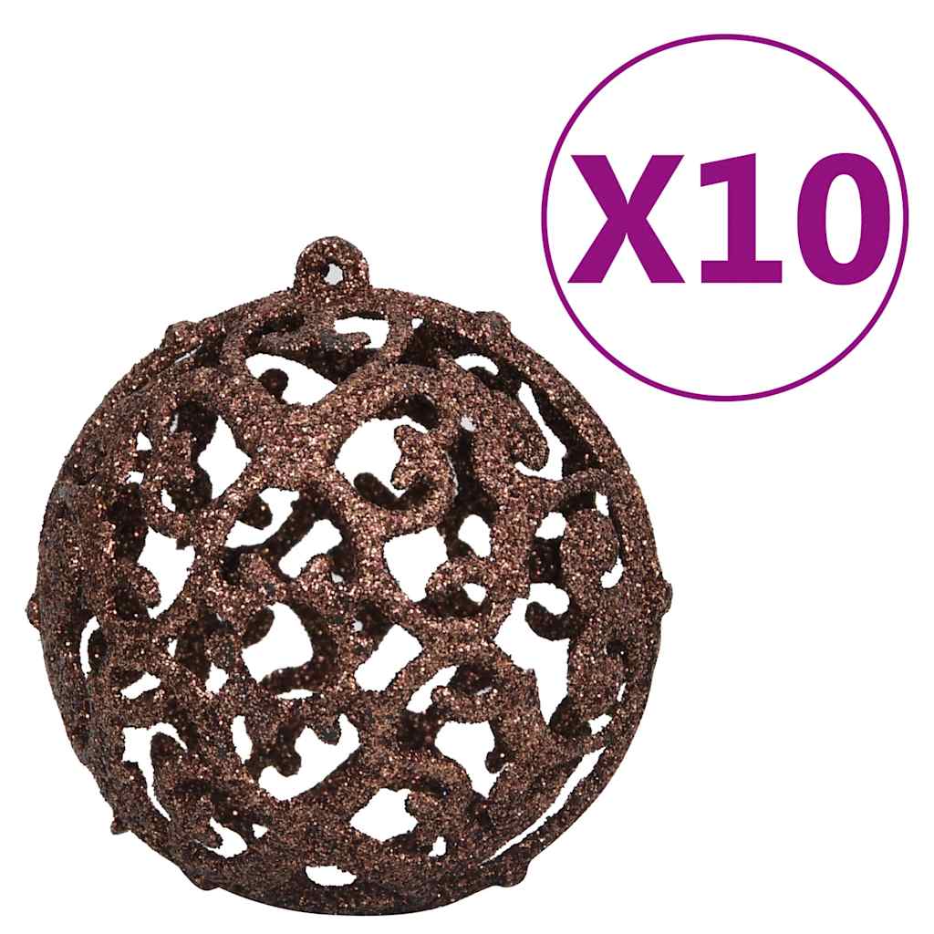 Pack of 10 bronze filigree ball ornaments with hanging loops.