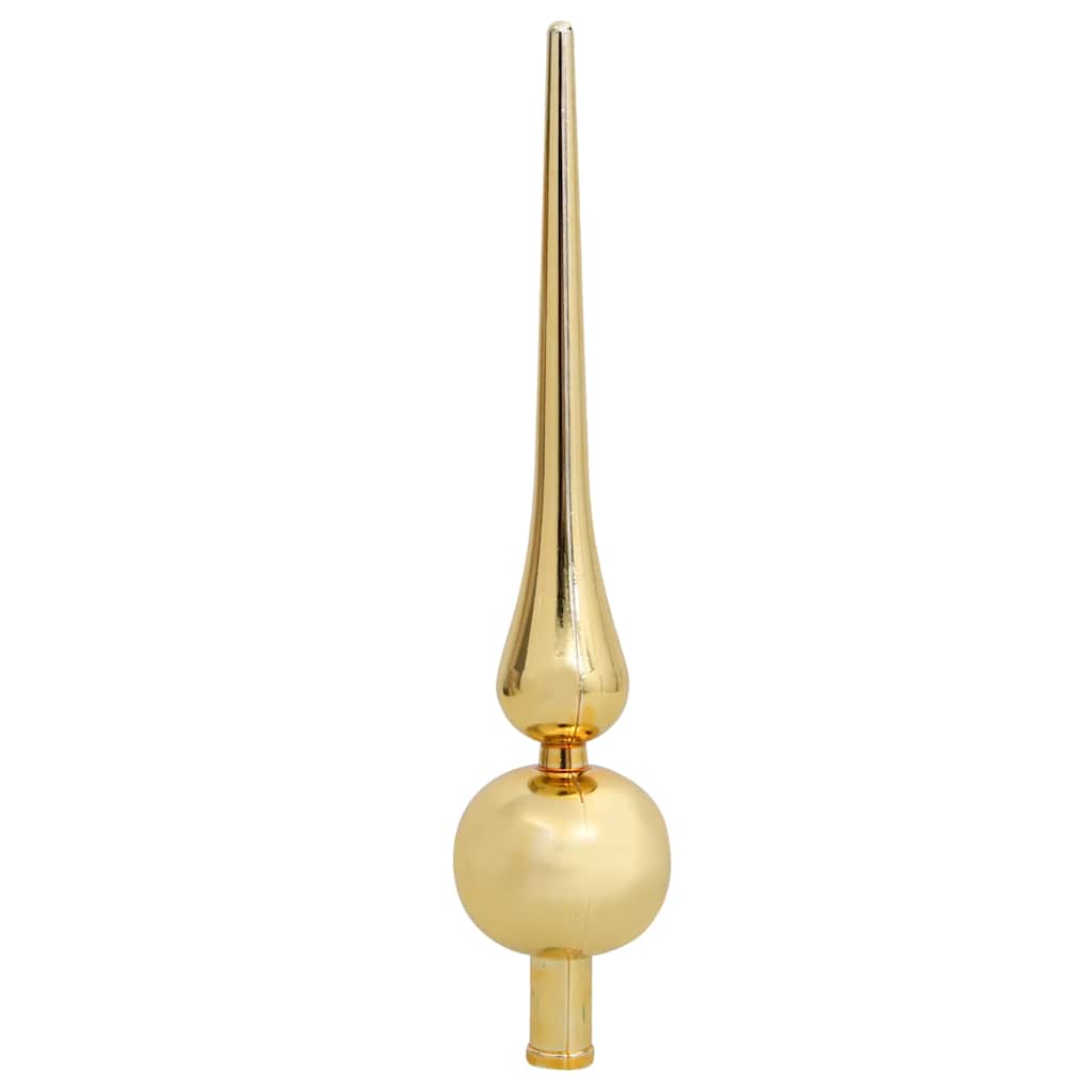 Gold Christmas tree topper with a long pointed spire and round base ornament.