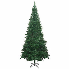 Tall green artificial Christmas tree with pre-lit LEDs, gold and bronze ball ornaments, and metal stand