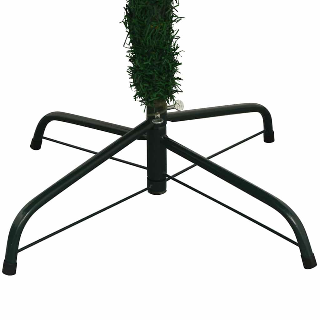 Metal stand base of a green artificial Christmas tree with pre-lit branches and ball set.