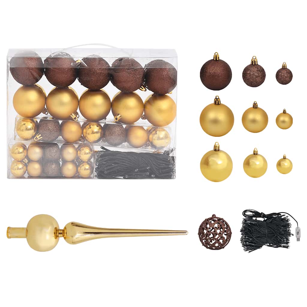 Pre-lit 94.5-inch artificial green Christmas tree with 120 gold and bronze ornaments and topper.