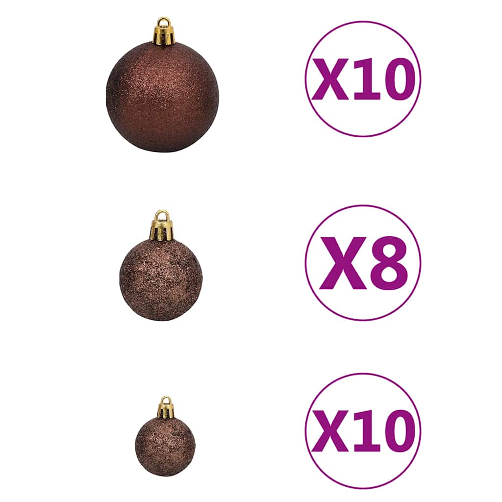 Three sizes of metallic bronze Christmas ball ornaments with gold hooks, quantities 10, 8, and 10.