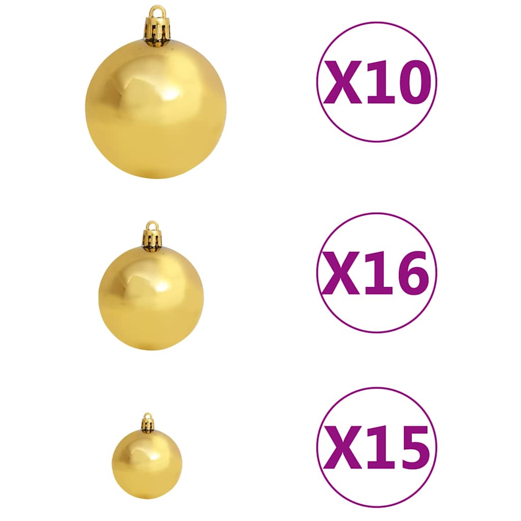 Set of shiny gold Christmas balls in three sizes with quantity labels in purple circles.