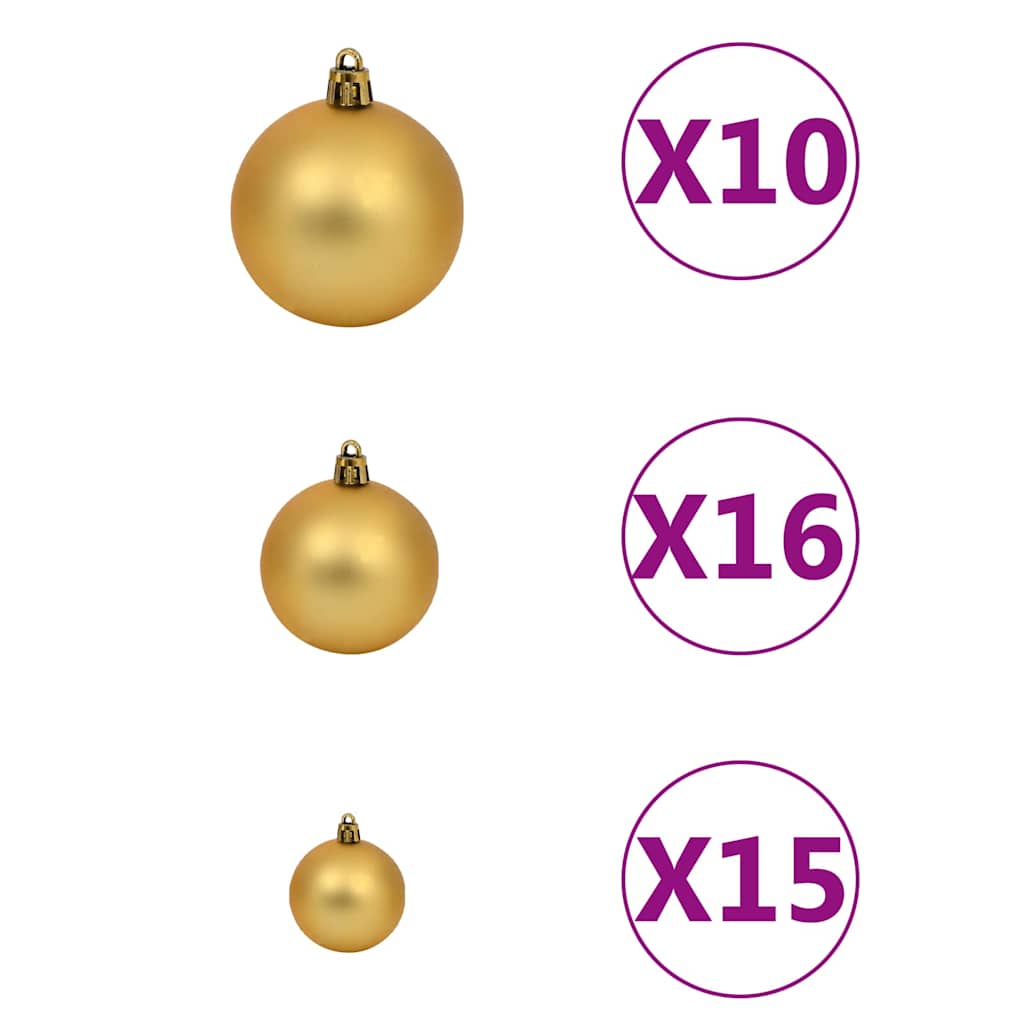 Set of 120 assorted gold Christmas tree ornaments in three sizes, with quantities of 10, 16, and 15.