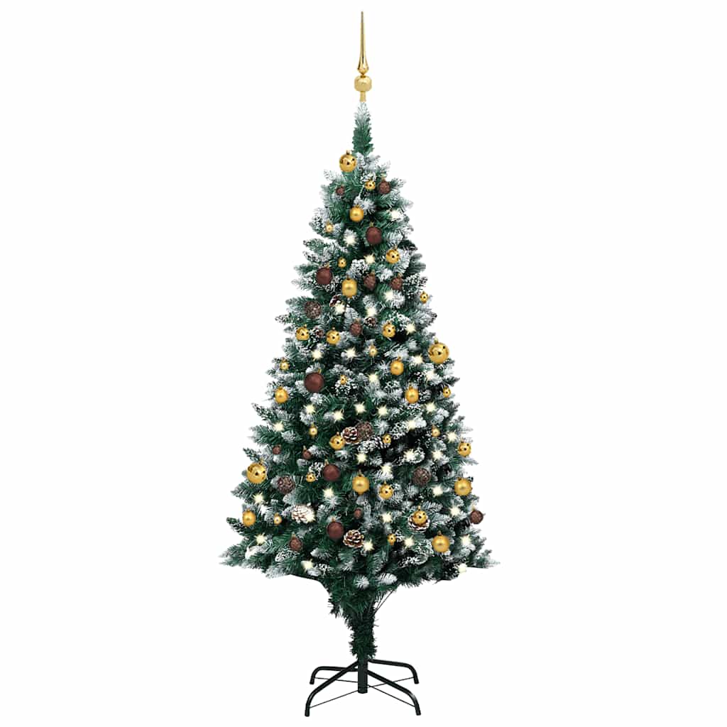 70.9" pre-lit artificial Christmas tree with snow tips, gold balls, and pinecone accents.
