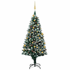 70.9" pre-lit artificial Christmas tree with snow tips, gold balls, and pinecone accents.