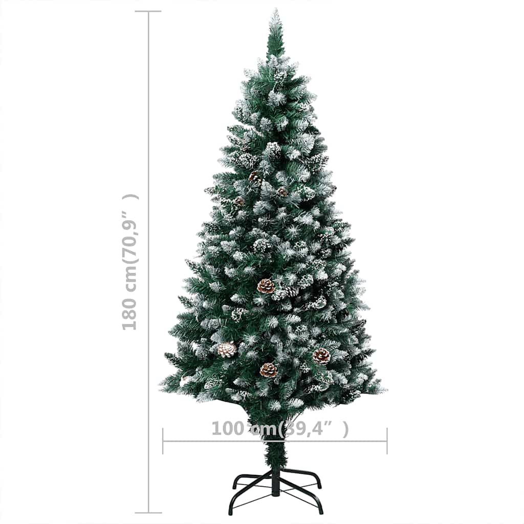 A 70.9-inch pre-lit artificial Christmas tree with snow-tipped branches, gold balls, and pine cones on a metal stand.