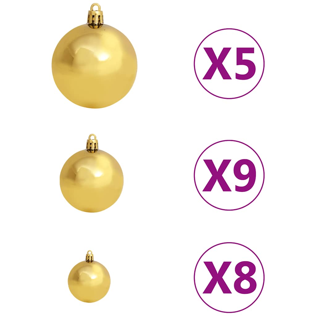 Three gold Christmas baubles of varying sizes with hangers, labeled x5, x9, and x8.