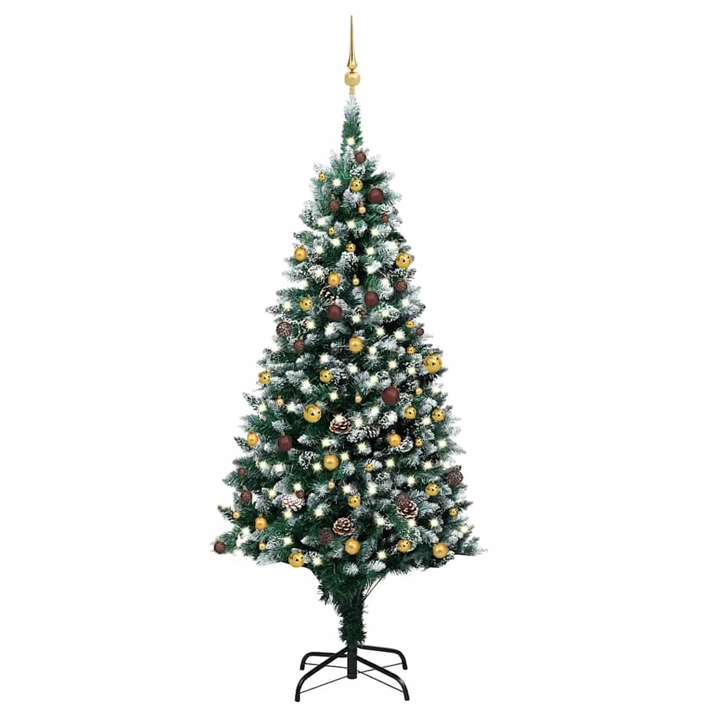 A 94.5-inch pre-lit artificial Christmas tree with snow-tipped branches, warm white LEDs, gold balls, and pine cones on a black stand.