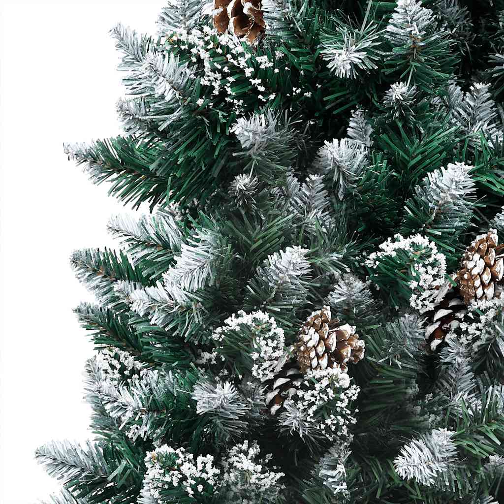 A 94.5-inch pre-lit artificial Christmas tree with snow-tipped branches, warm LEDs, pine cones, and gold balls.