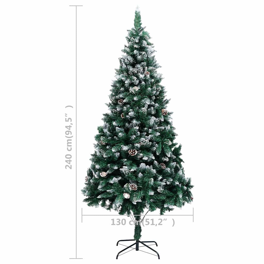 94.5" artificial Christmas tree with snow tips, warm LED lights, pine cones, and gold balls