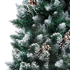 A 94.5-inch pre-lit artificial Christmas tree with snow-tipped branches, warm LEDs, pine cones, and gold balls.