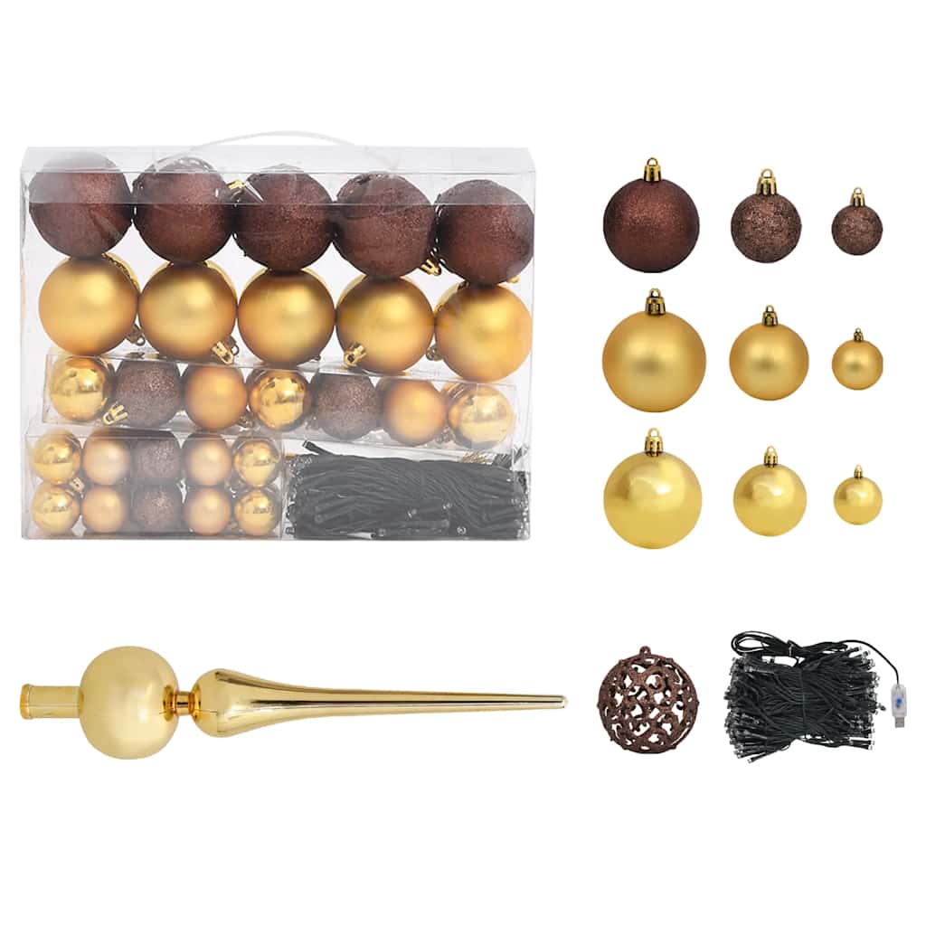 Box of gold and brown Christmas ornaments with various sizes and a string of lights.