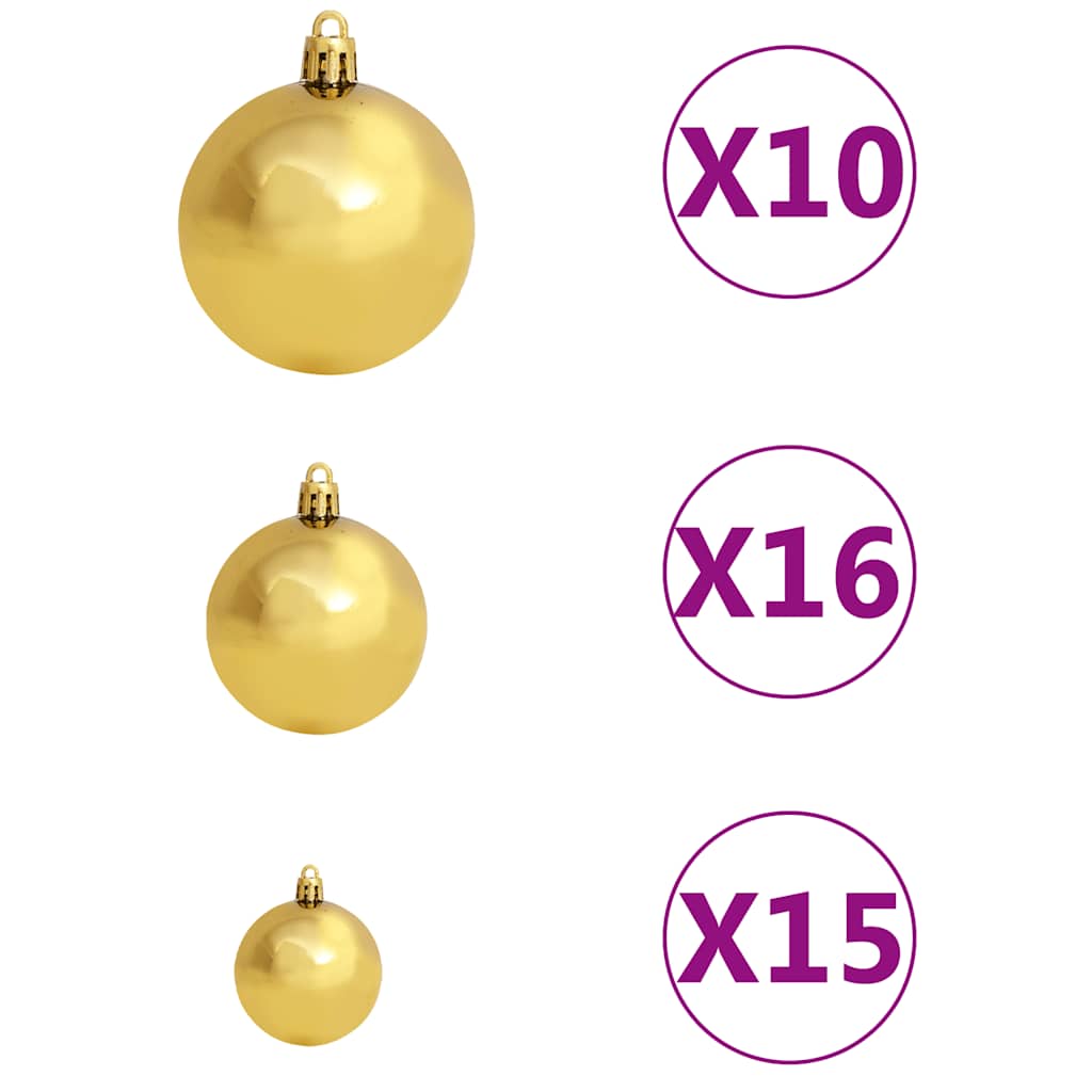 Three sizes of gold Christmas balls with shiny finish, labeled quantities 10, 16, and 15.