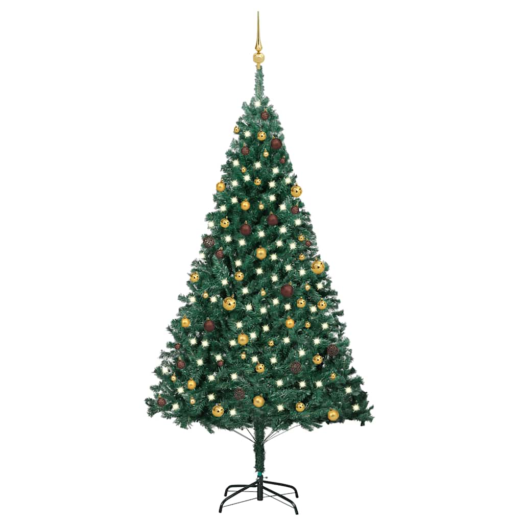 A 94.5-inch green PVC artificial Christmas tree pre-lit with warm white LED lights and decorated with gold balls.