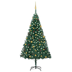 A 94.5-inch green PVC artificial Christmas tree pre-lit with warm white LED lights and decorated with gold balls.
