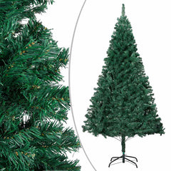 A 94.5-inch pre-lit artificial Christmas tree in green PVC with warm LED lights and gold balls on a stand.