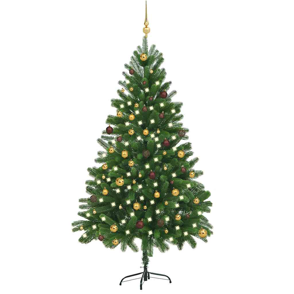 An 82.7-inch pre-lit artificial Christmas tree in green with gold balls and warm LED lights.