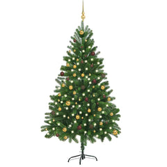 An 82.7-inch pre-lit artificial Christmas tree in green with gold balls and warm LED lights.