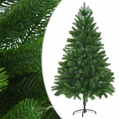 An 82.7-inch pre-lit artificial green Christmas tree with gold ball ornaments and a metal stand.