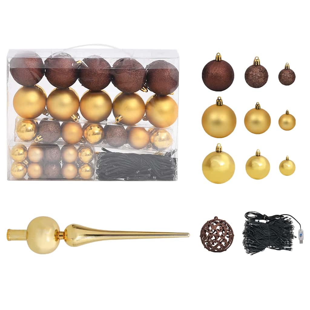 Green 82.7-inch pre-lit artificial Christmas tree with gold and bronze ornaments and topper.