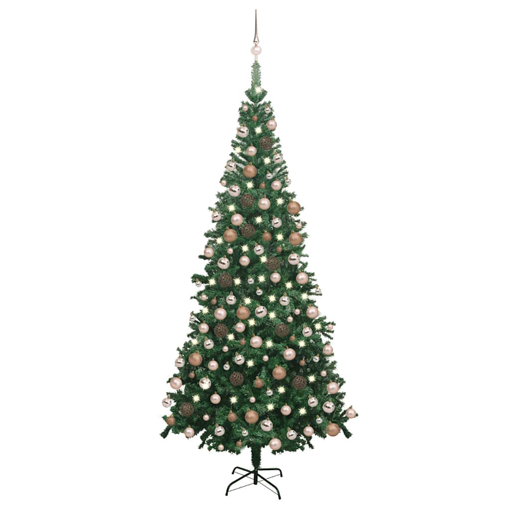94.5" green artificial Christmas tree pre-lit with 300 LEDs and rose gold ball ornaments