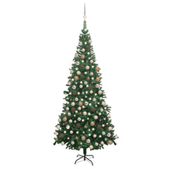 94.5" green artificial Christmas tree pre-lit with 300 LEDs and rose gold ball ornaments