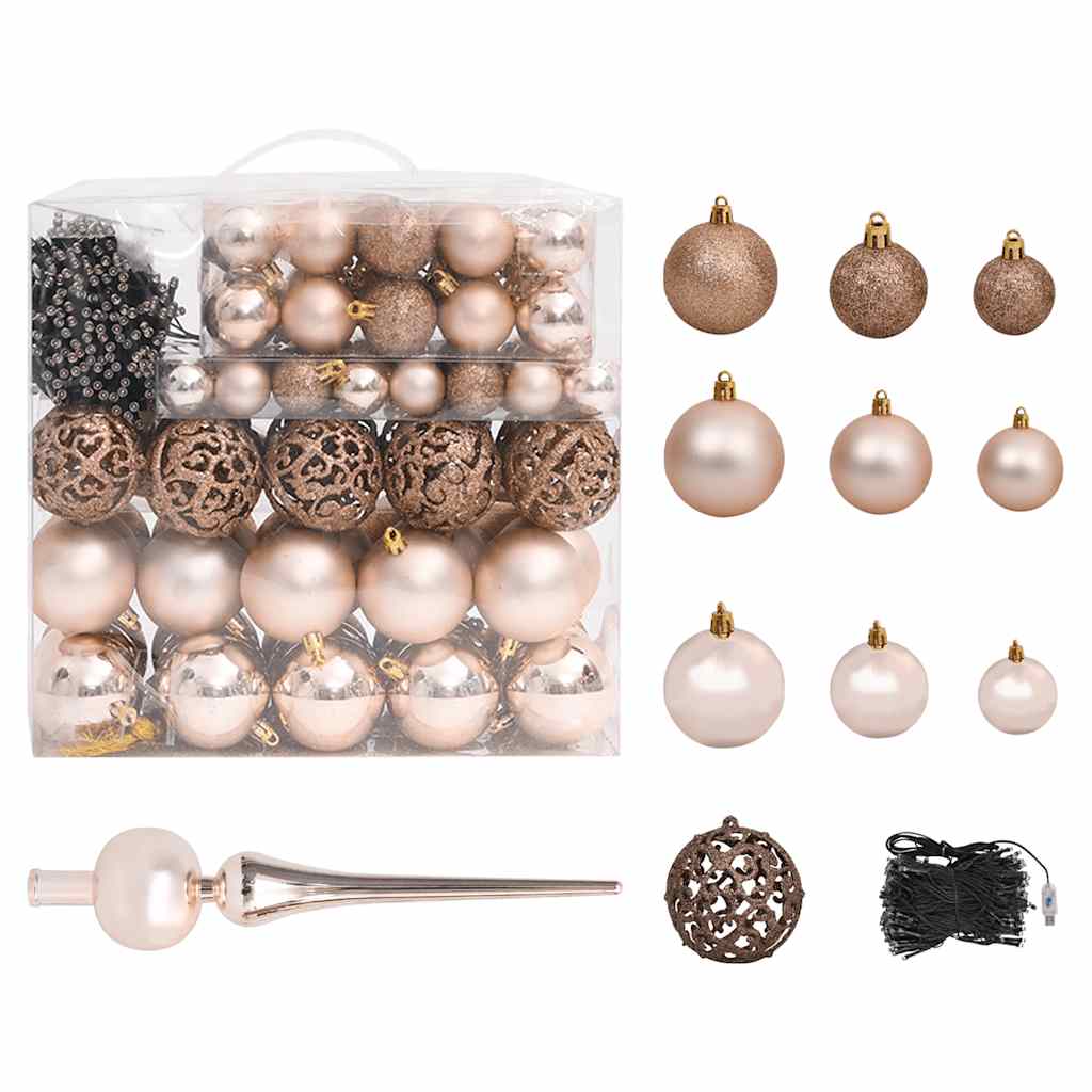 A 94.5-inch pre-lit artificial green Christmas tree adorned with rose gold balls in various finishes.