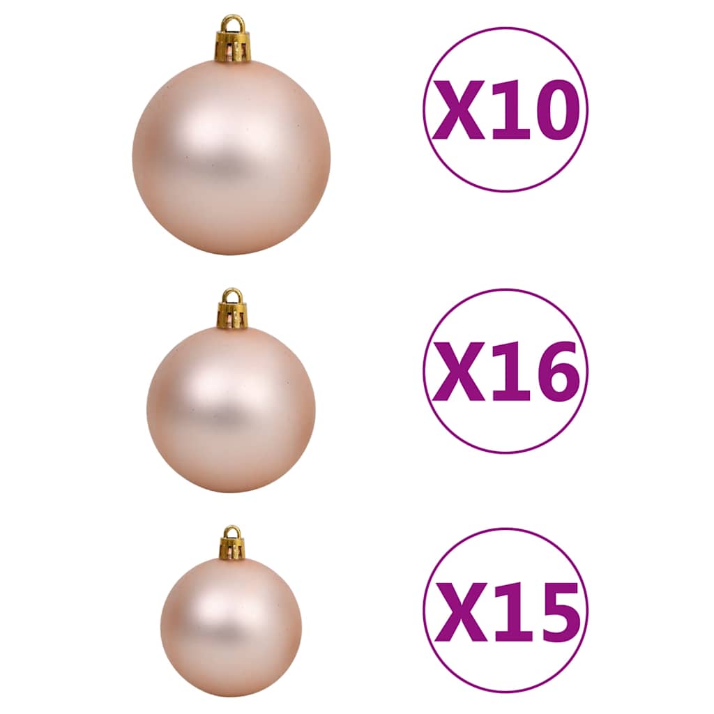Set of rose gold Christmas balls in shiny, matte, and glitter finishes in three sizes.