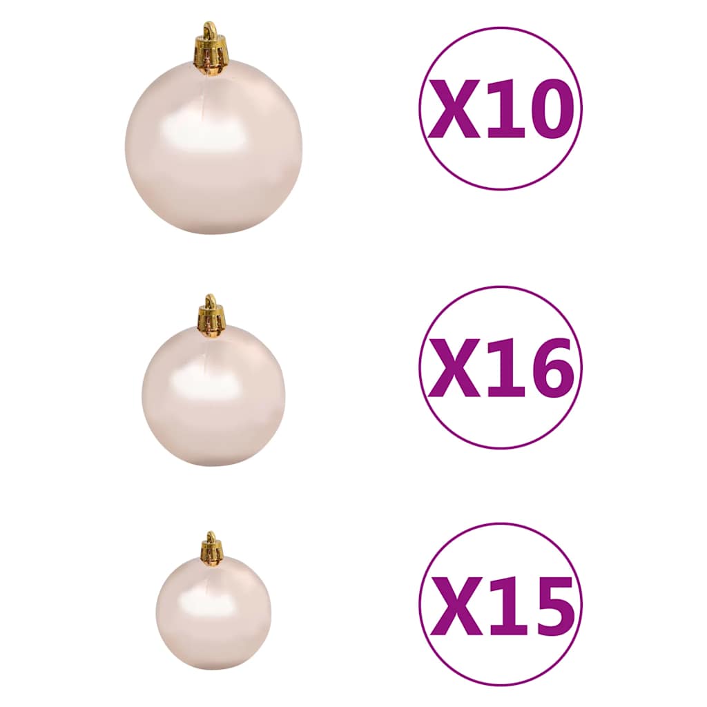 Pre-lit artificial Christmas tree with green branches and rose gold balls.
