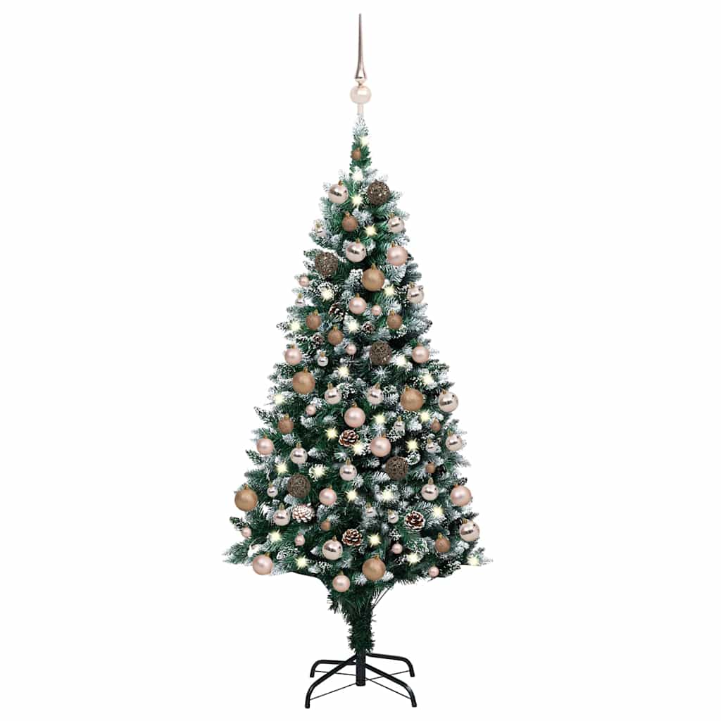 A 70.9-inch pre-lit artificial Christmas tree with green branches, white snow tips, rose gold balls, pine cones, and 150 LEDs.