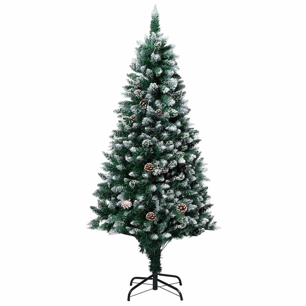 A 70.9-inch pre-lit artificial Christmas tree with green branches, white snow tips, rose gold balls, pine cones, and 150 LEDs on a black stand.